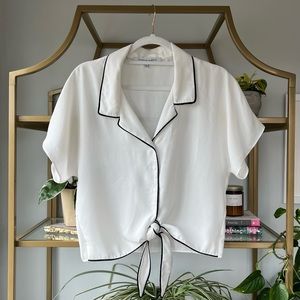 Vici Flowy White Collared Shirt with Tie Front